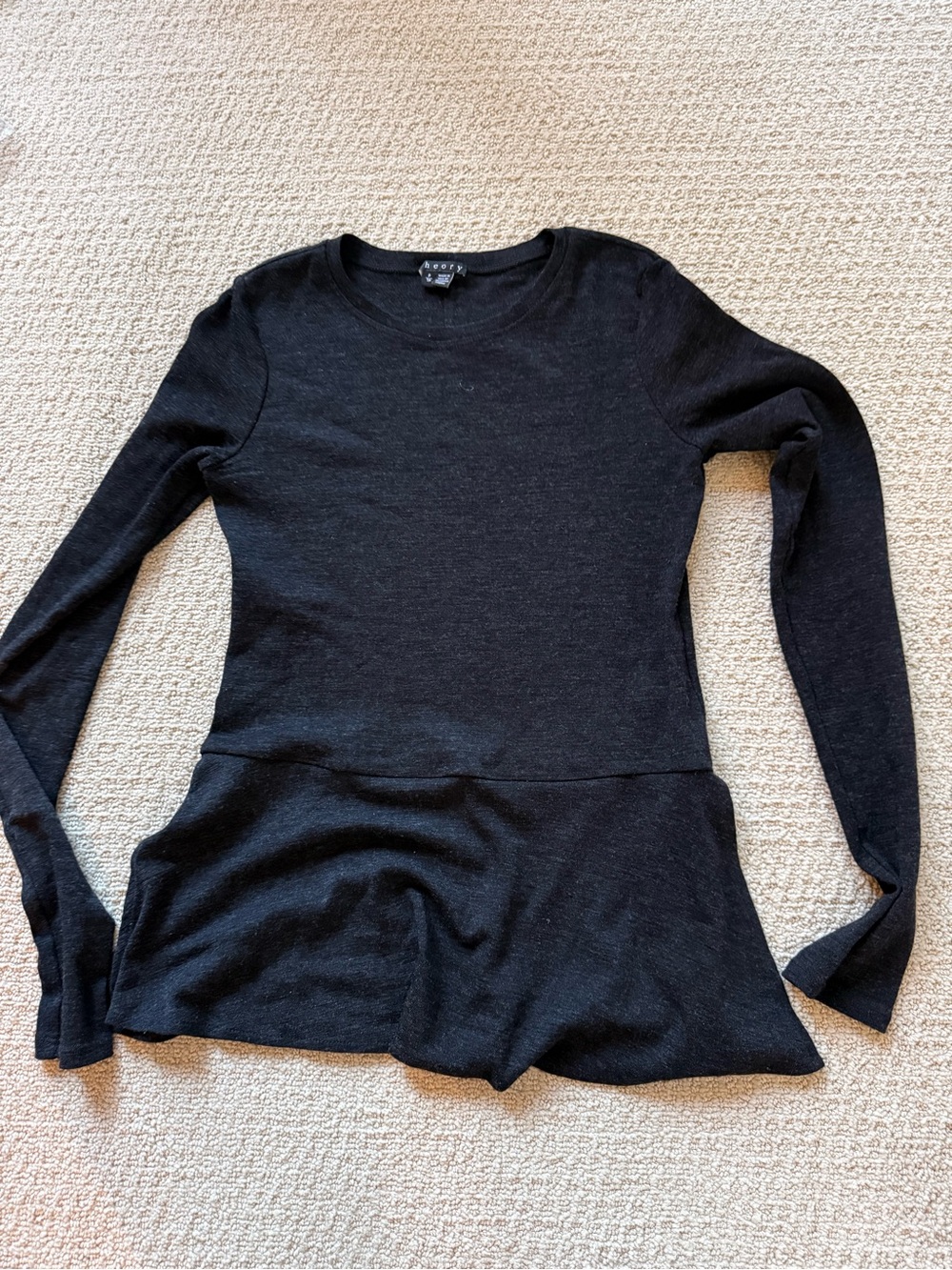 Theory Black Long-Sleeve Peplum Knit Top